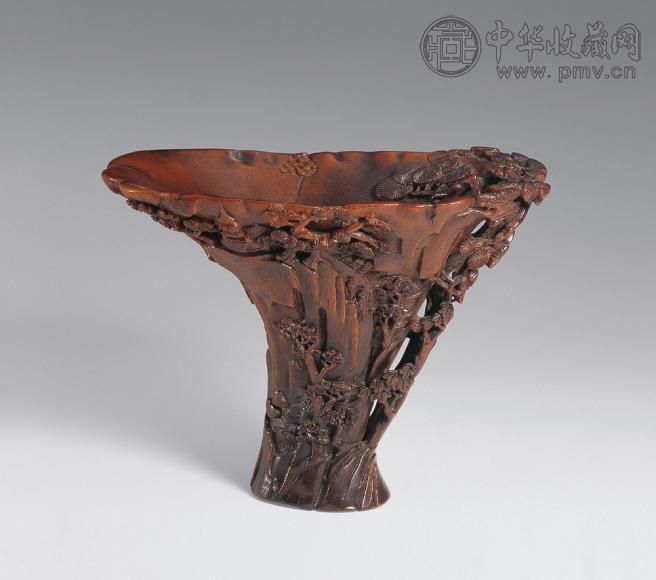 明末清初 犀牛角浮雕山水图爵杯