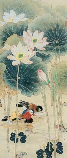 喻继高 荷塘双禽 轴 纸本设色