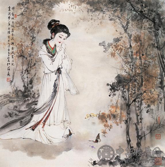 白伯骅 2005年作 闲步落花旁 立轴 设色纸本