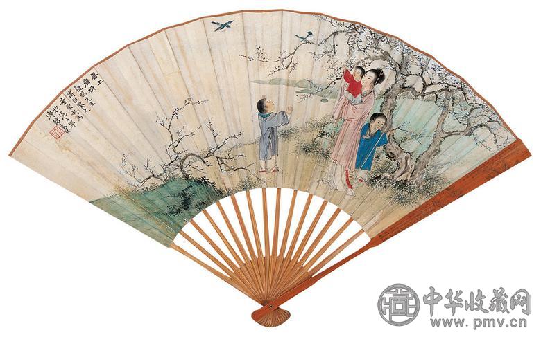 叶曼叔 王福厂 喜上眉梢 隶书 成扇 设色纸本