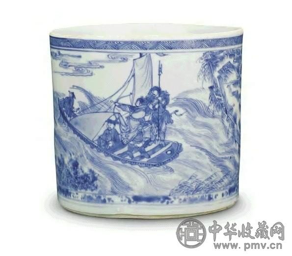 清 康熙 青花人物笔筒