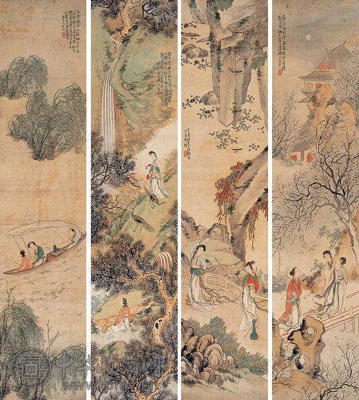 包栋 1857年作 仕女图 四屏 设色绢本