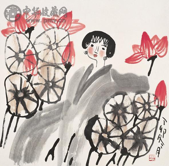 杨刚 1987年作 人物荷花 镜心 设色纸本