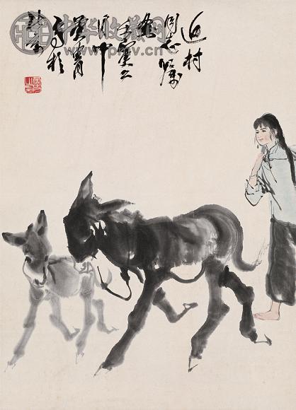 黄胄 壬寅(1962年)作 双驴图 立轴 设色纸本