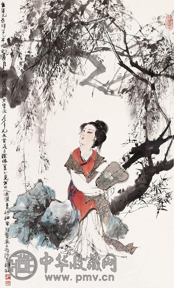 韩敏 2004年作 柳下吟月图 镜心 设色纸本