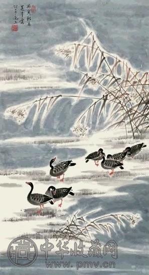 吴青霞 丙寅(1986)年作 雪地芦雁 立轴 设色纸本