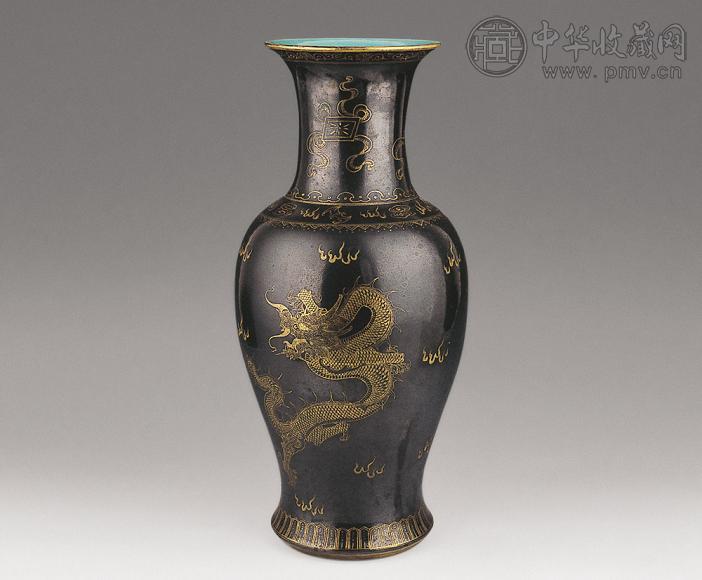 清 乌金釉描金龙凤观音瓶