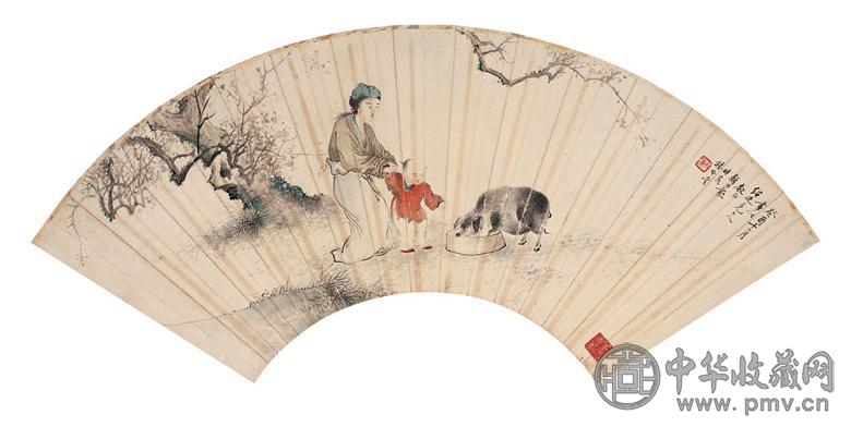颜伯龙 1933年作 人物 扇面 设色纸本