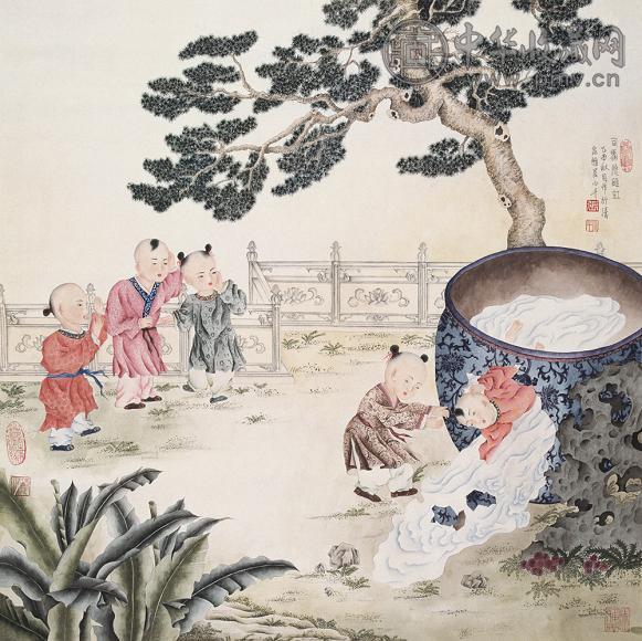 张小千 司马光砸缸 镜片 设色纸本