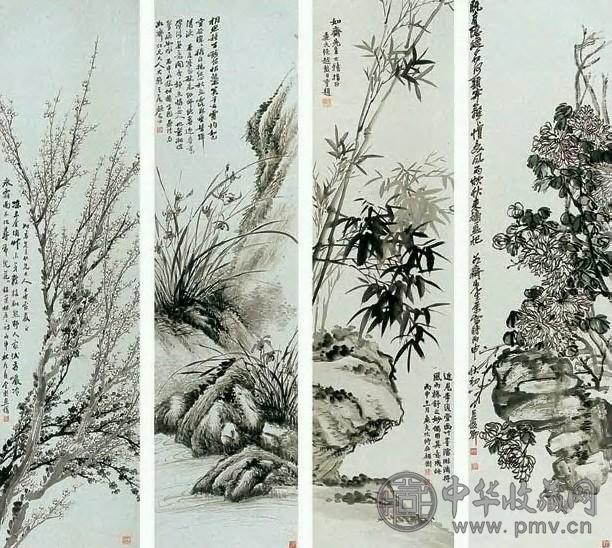 金心兰 梅、兰、竹、菊图 四屏