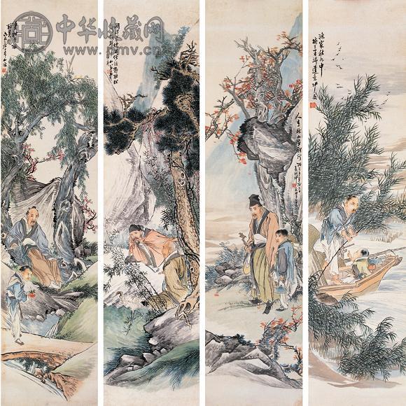 沙山春 丙午(1906年)作 人物 四屏 设色纸本