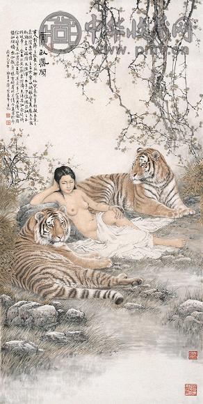 宗万华 虎卧凤阁 镜片 设色纸本