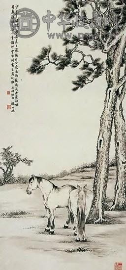 赴叔孺 松下双马图 立轴 纸本设色