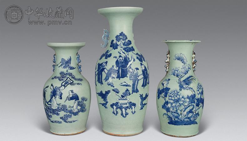 清中期豆青釉青花人物、花鸟瓶(3只) 收藏资讯|艺术家|书画家|书画名人