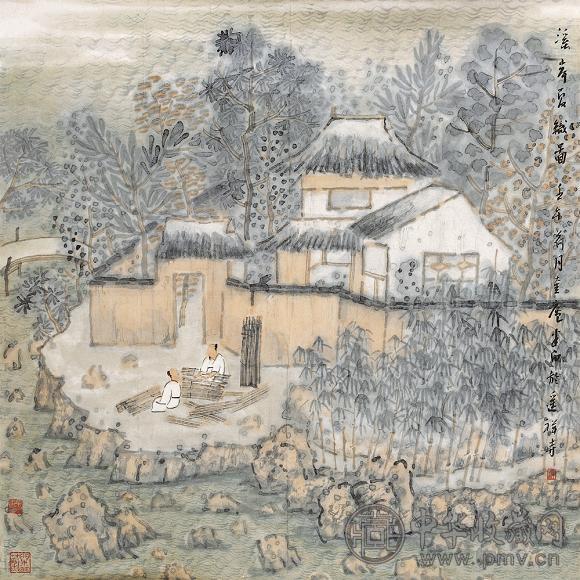 张捷 溪岸夏织图 胶卷 设色纸本
