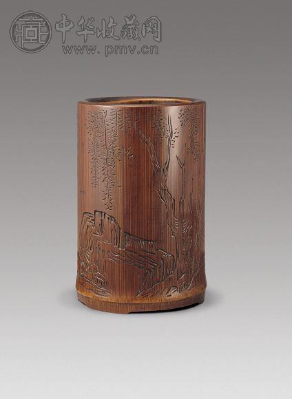 清早期 竹浅刻秋江渔隐笔筒