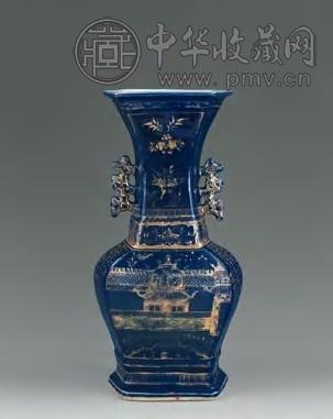 清 蓝釉描金滕王阁图瓶