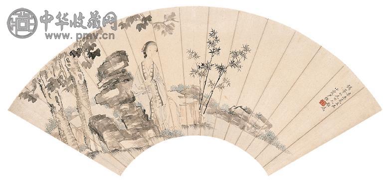 尹铨 辛未(1931年)作 桐荫诗思 扇面 设色纸本