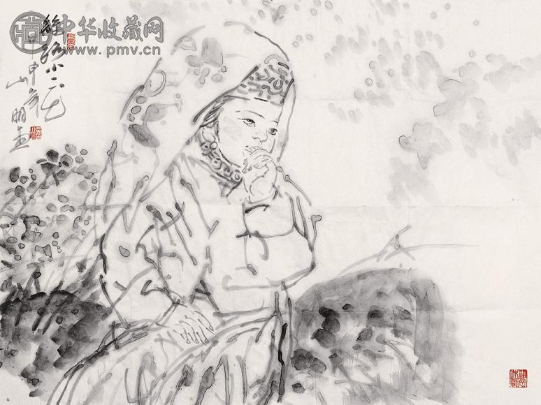 吴山明 丝路小花 镜片 水墨纸本