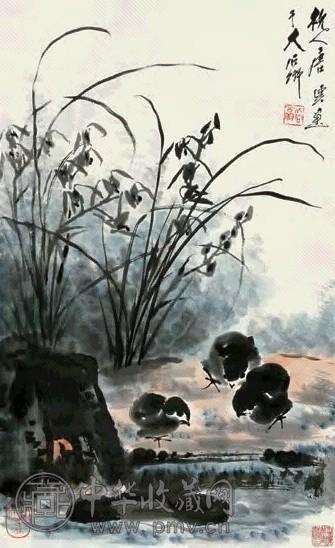 唐云 幽兰鸡雏 立轴 设色纸本