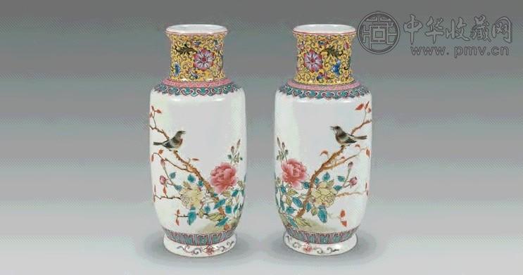 民国 粉彩月季鸣禽棒槌瓶(1对)