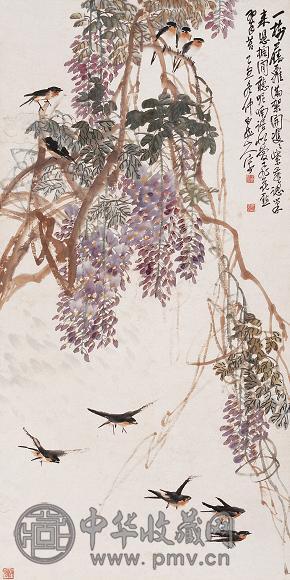 王震 乙丑(1925年)作 紫藤飞燕 立轴 设色纸本