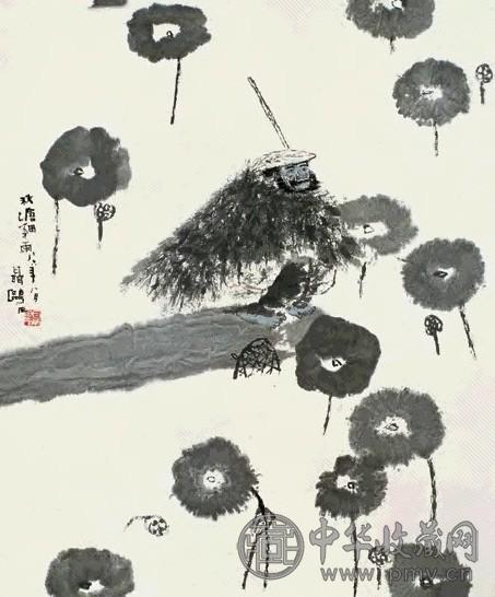 聂鸥 秋塘细雨 立轴 设色纸本