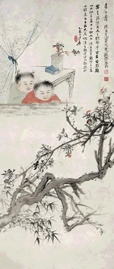 张善孖 1935年作 多子图 立轴 设色纸本