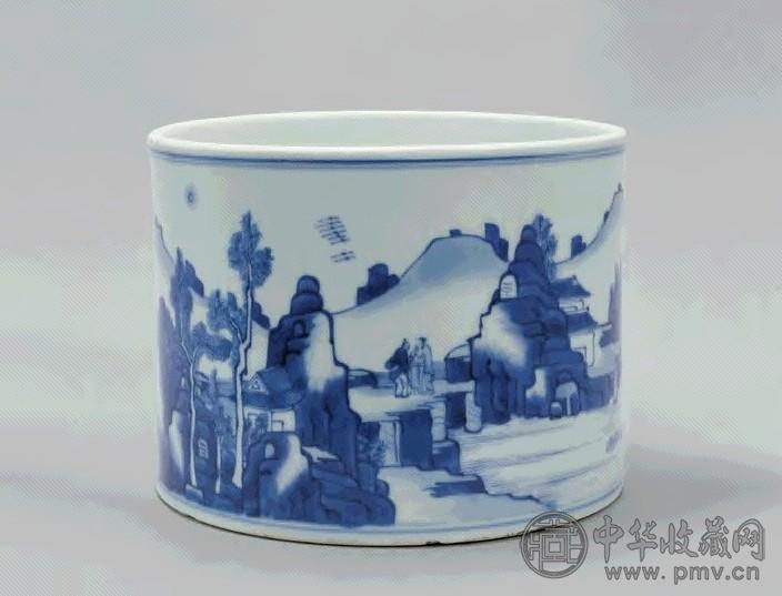 清康熙 青花山水纹笔筒
