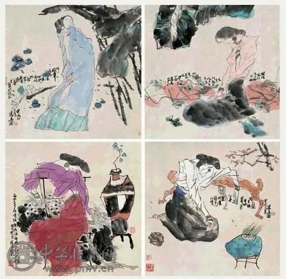 方增先 1994年作 人物 四屏 纸本设色
