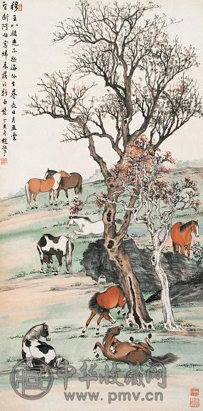 赵敬予 丁亥(1947年) 作 八骏图 立轴 设色纸本