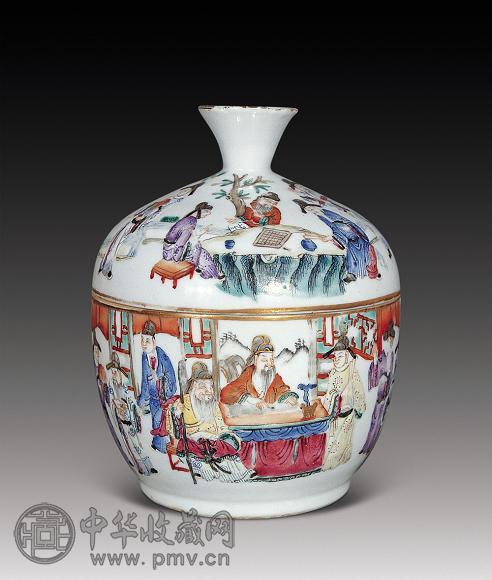 清道光 粉彩十八学士登瀛洲小盖缸