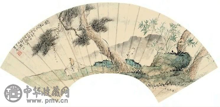 金湅 1884年作 聪松问鹤图 扇面 纸本设色