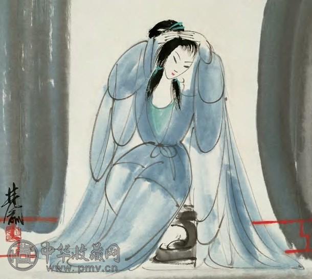 林风眠 凭栏对镜图 镜心 设色纸本