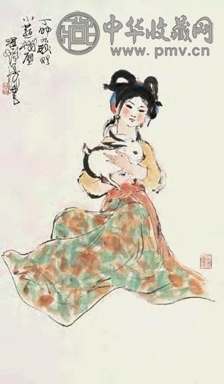 程十发 1987年 白兔玉女 立轴 设色纸本