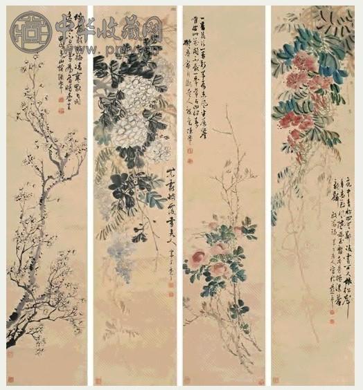 陈半丁 1934年作 花卉 四屏 设色纸本