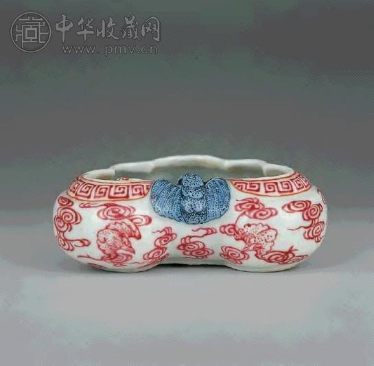 清道光 粉彩云蝠灵芝水盂