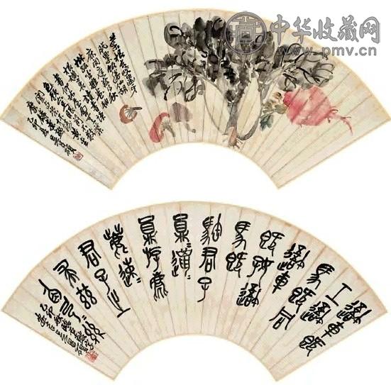 吴昌硕 1915年作 书画 双挖 立轴 设色纸本