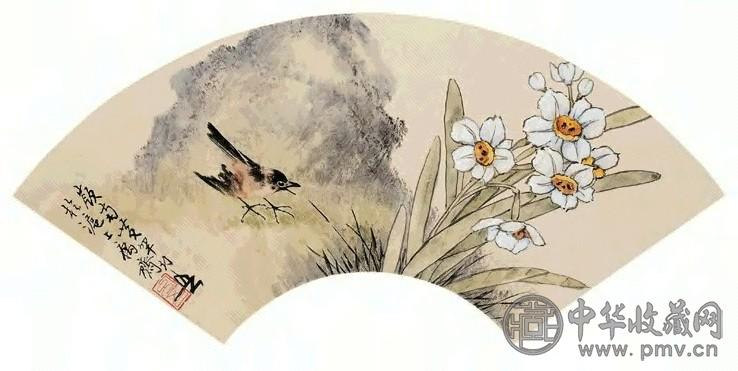 黄幻吾 水仙候鸟 扇面 纸本设色
