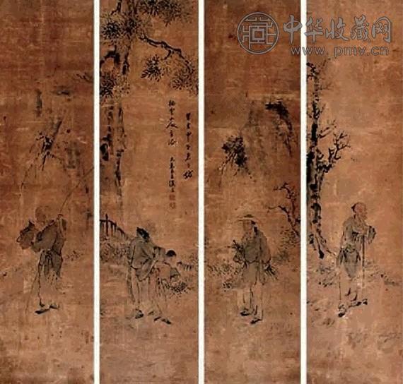 王汉三 渔樵耕读 四屏 设色纸本