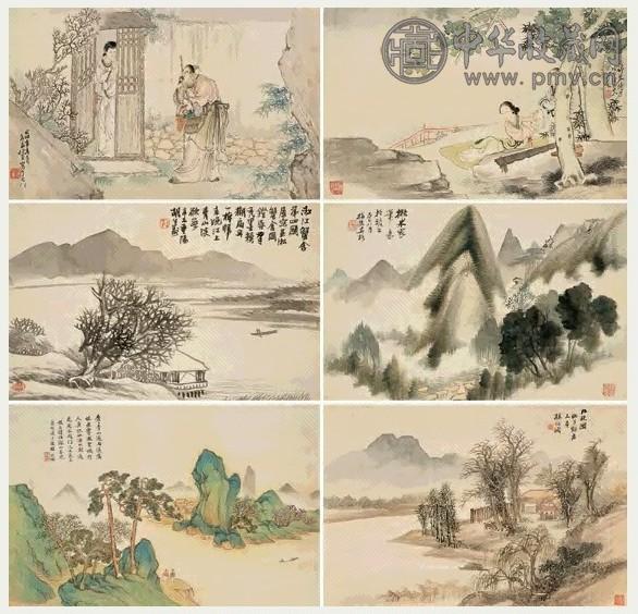 任熏 署年: 己巳(1869)、壬申(1872) 山水人物册 册页(8开) 设色绢本