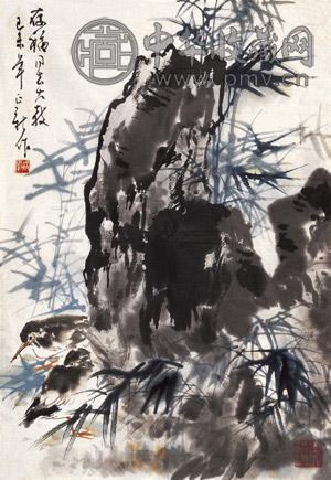 杨正新 竹石文雀图 镜心