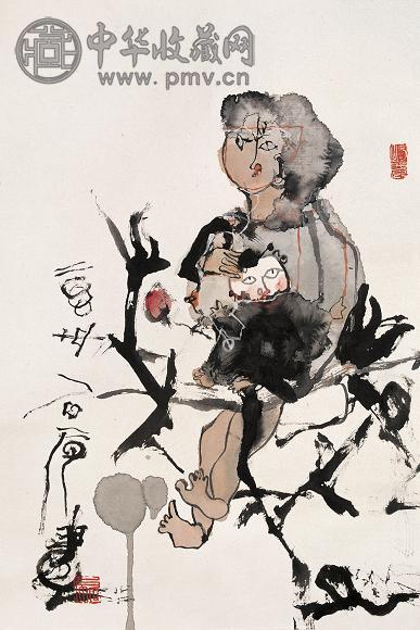 石虎 人物 镜心 设色纸本