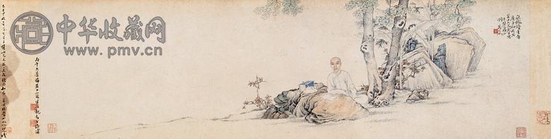 万岚 1840年作 秋林读书图 手卷 设色纸本