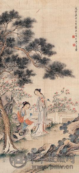 叶曼叔 戊寅(1938年)作 松阴读书图 轴 设色绢本