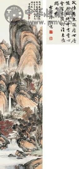溥伒 阁树层岩图 立轴 设色纸本