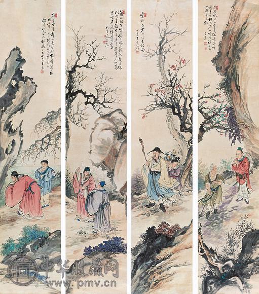 王素人物四屏设色纸本收藏资讯|艺术家|书画家|书画名人|书法家-中华收藏网