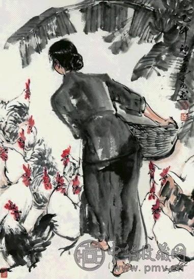 黄胄 饲鸡图 立轴 设色纸本