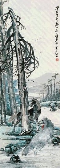 胡郯卿 柳下双马 立轴 设色纸本