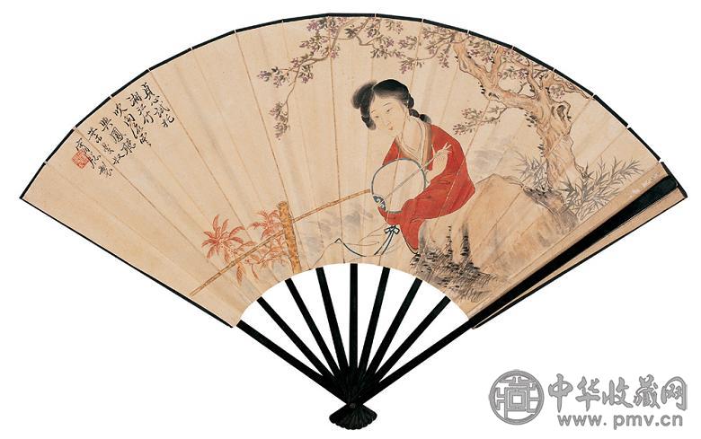 叶曼叔 甲申(1944年)作 执扇仕女 成扇 设色纸本